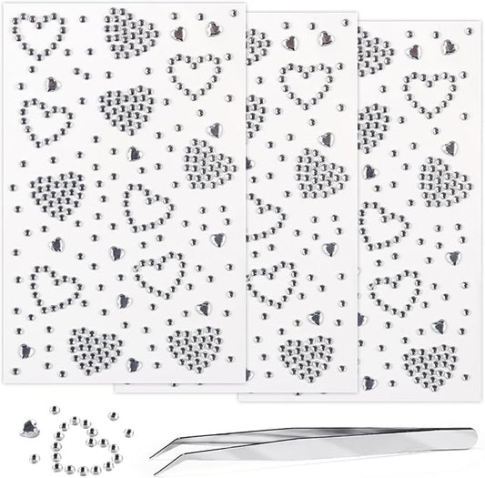 3 Sheers Self Adhesive Heart Stickers White Heart Rhinestone Sticker Face Jewel Stick on Face Makeup Sticker for Valentine's Day Acrylic Crystal Pearls for Body Face Nails Crafts Decoration
