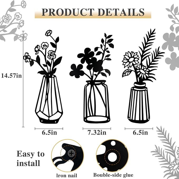 3 Pcs Metal Flowers Wall Arts,Black Metal Vase Wall Art,Iron Art Painting,Rustic Farmhouse Decor Minimalist Flower Decor for Bedroom Bathroom Living Room Dining Room(Black, Vase-B)