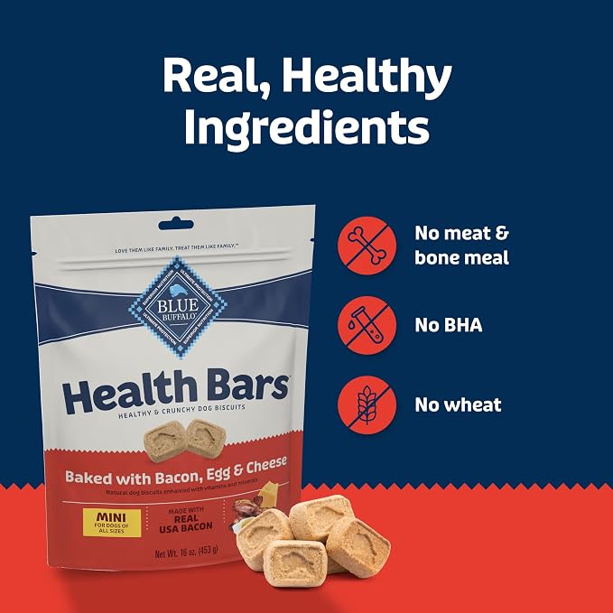 Blue Buffalo Health Bars Bacon Egg & Cheese Mini Dog Biscuits, 32 oz | Smaller Bite, Same Crunch, Oven-Baked, No Chicken By-Product, Corn, Wheat, or Soy