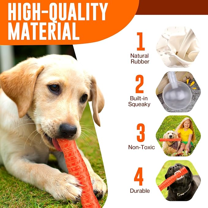 LOYEE Dog Squeaky Toys Interactive Dog Toys for Aggressive Chewers Tough Rubber Chew Toys for Medium/Large Breed, Indestructible Puppy Chew Toys for Teething (Orange)