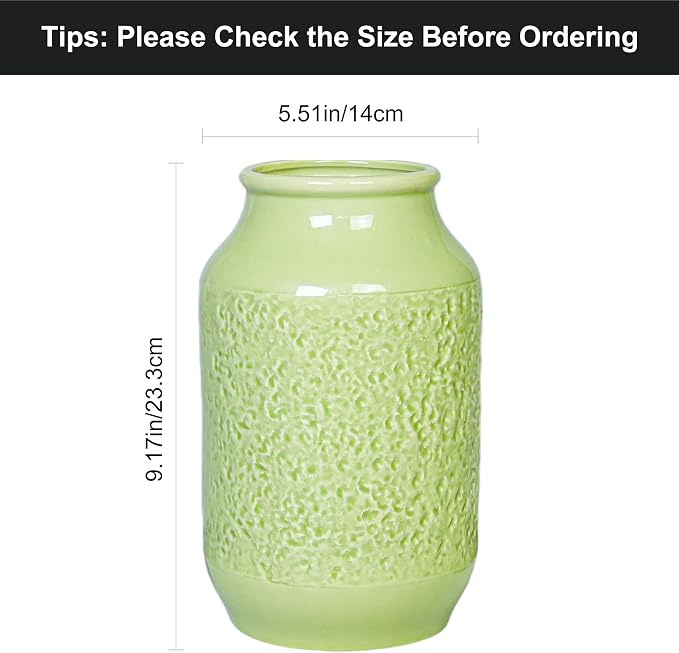 Green Ceramic Vase for Flowers, 9 Inch Decorative Vase for Pampas Grass, Modern Texture Vases for Home Decor, Table Shelf, Kitchen, Living Room Decor