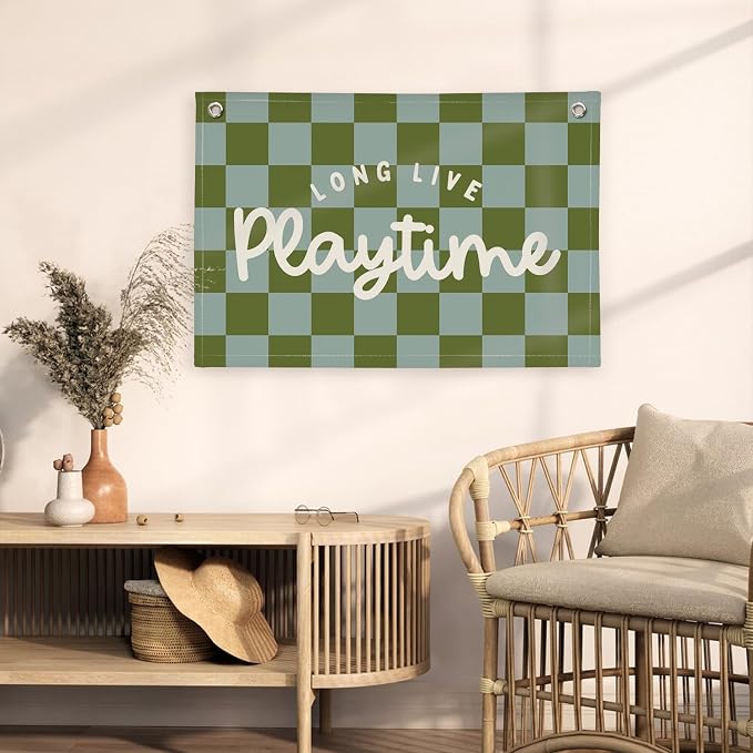 Playroom Decor Long Live Playtime Banner, Green And Blue Checkered Pattern Banner Linen Hanging Banner Flag for Nursery Toddler Room, Boys Girls Kids Room Decor,Classroom Decorations 30x20