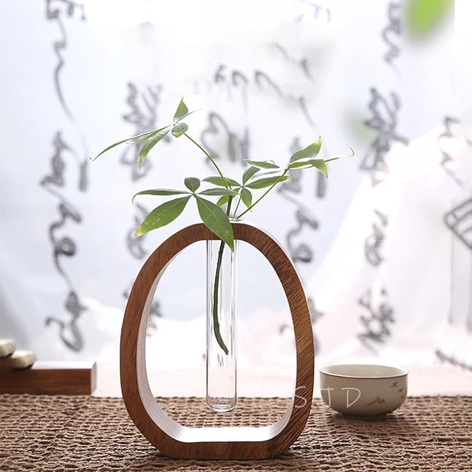Walnut Wood Glass Flower Vase with Test Tubes | Modern Hydroponic Planter for Fresh Cut Flowers | Handcrafted Tabletop Decor for Home, Office, Farmhouse Style (Large)