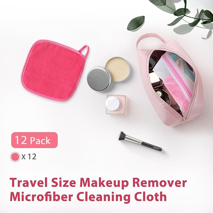 | Reusable Update Makeup Removing Microfiber Cloth for Sensitive Skin | Washable Makeup Remover Towels | Natural Facial Cleansing Towels (6”x 6”, 12 Pack/Pink)