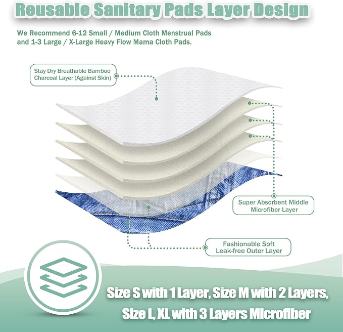 wegreeco Charcoal Reusable Menstrual Pads - Reusable Sanitary Pads | Reusable Panty Liners | Soft Cloth Menstrual Pad- 6 Pack with 1 Cloth Mini Wet Bag (Classic Jeans, Small)