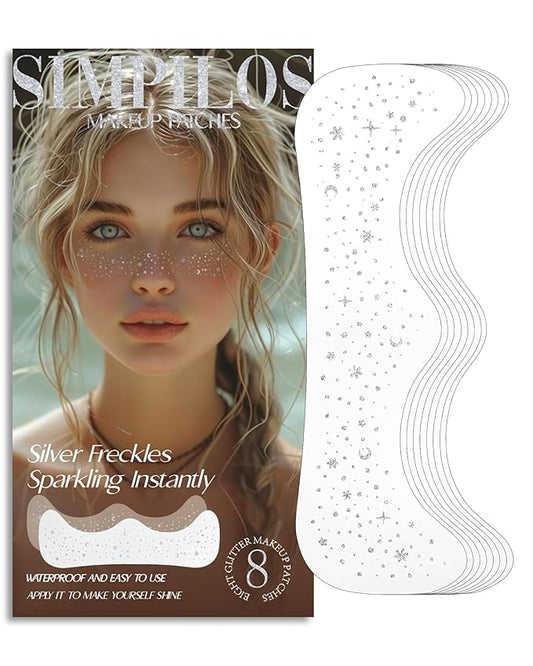 Body Face Makeup Patches for Kids Women Girls, Silver Rave Glitter for Face, Singer Concerts Festival Holiday Rave Accessories - 8 Counts