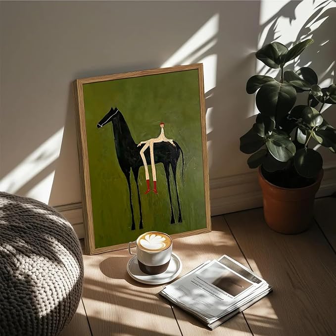 Abstract Western Cowboy Wall Art Vintage Horse Rider Wall Decor Painting, Contemporary Southwestern Poster Canvas Print Picture for Living Room Bedroom 12x16 inch Wood Framed