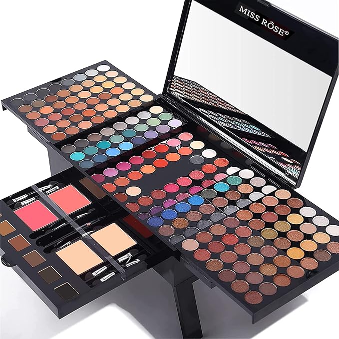 MISS ROSE 190 Colors Cosmetic Make up Piano Box Set,Combination with Eyeshadow /Facial Blusher /Eyebrow Powder /Eyeliner Pencil /Mirror,All-in-1 Makeup Gift Set (Color B)