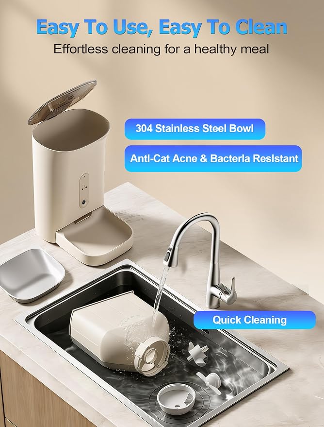 Automatic Cat Feeder with 3MP Camera,2K HD Video with Night Vision,5G/2.4G WiFi Pet Feeder with 2-Way Audio,App-Controlled Timed&Blockage Sensor,Detachable for Easy Cleaning with Desiccant for Cat/Dog