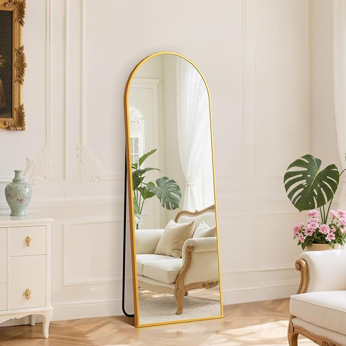DUMOS 59"x16" Arched Full Length Mirror with Stand, Full Body Floor Mirror | Free Standing or Wall Mount, Nano Glass Aluminum Frame, Hanging or Leaning, Modern Simple Home Decor, Gold