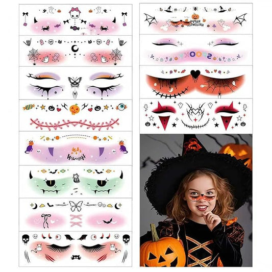 12 Sheet Halloween Face Temporary Tattoos For Kids And Women Adult, Waterproof Makeup Speckle Spider web Pumpkin Bat Ghost Facetattoo Stickers Halloween Party Decorations