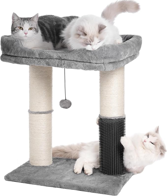 Cat Tree Tower for Large Cats Cat Scratching Post with Bed 20X16” | Small Cat Tree with Thick Scratching Post 4.5” Dia, Large Raised Bed 20X16”, Self Groomer, Toy Ball for Indoor& Large Cats