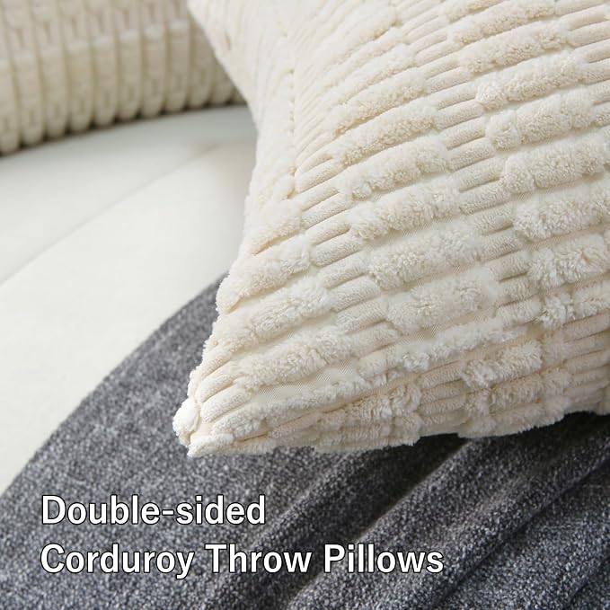 2 Pack Corduroy Decorative Throw Pillow with Inserts, 18x18 Inch Soft Boho Throw Pillow, Square Striped Throw Pillows for Couch, Bed, Sofa Decor (White)