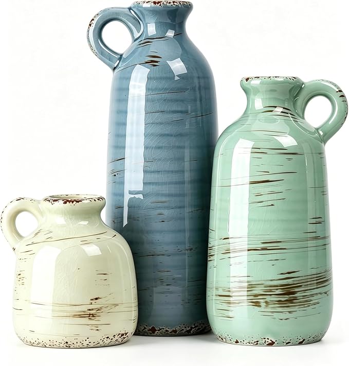 Ceramic Vase Set of 3, Vase Home Decor with Handle, Waterproof Vases | Farmhouse Vases Home for Pampas Grass & Dried Flowers, Flower Vase for Table Living Room Home Decor-Multicolor