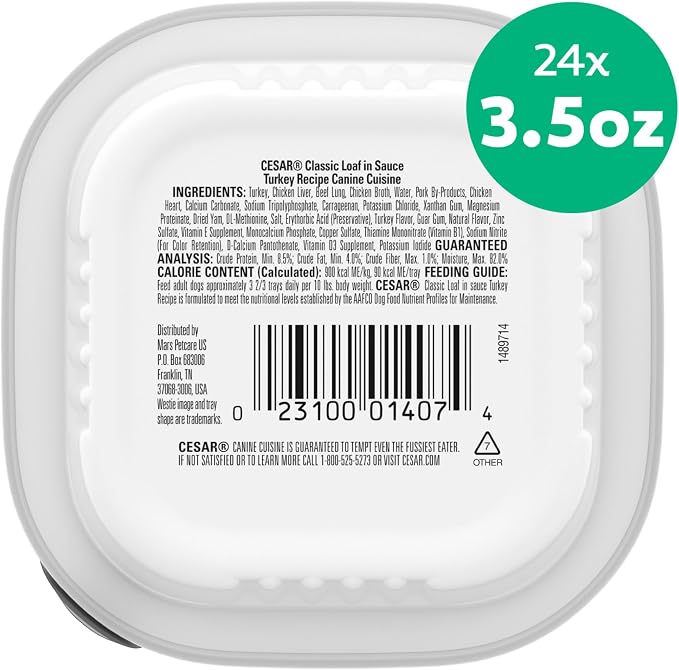 Cesar Classic Loaf in Sauce Wet Dog Food, Turkey Recipe, 3.5 oz, 24 Count | Made in USA, Real turkey #1 ingredient, no fillers, no added sugar, no artificial flavors, slow-cooked, easy peel trays