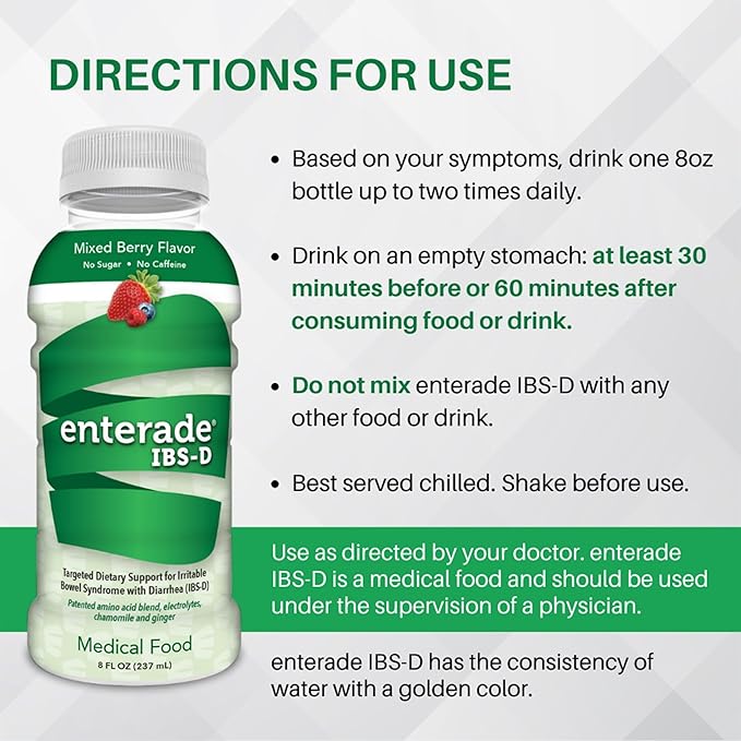 enterade IBS-D Beverage for IBS Relief of Symptoms from Irritable Bowel Syndrome with Diarrhea (IBS-D), Mixed Berry (12 Bottles, 8oz Each)