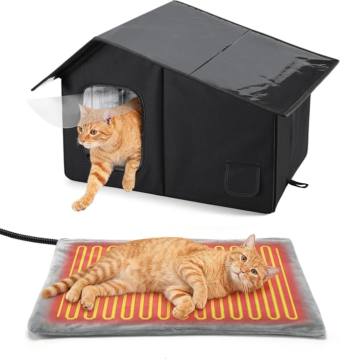Weatherproof Heated Cat Houses for Outdoor Cats - Insulated Cat Shelter for Winter with Thermostatic Heating Pad and Escape Door, Warm Outside Pet House Gift for 1-2 Feral Cats (Black)