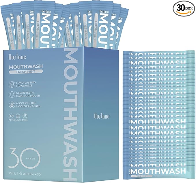 Oustane Travel Size Fresh Mint Mouthwash, Alcohol-Free, 15ml Portable Packets, Long-Lasting Freshness (30)