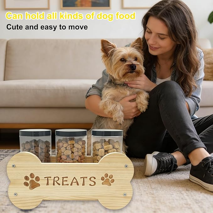 Dog Treat Storage Containers with 3 Plastic Jars Wooden Pet Food Dispenser DIY Painting on Wood for Dogs Puppies Food Storage Solution Kitchen Space-Saving and Gift for Dog Owners