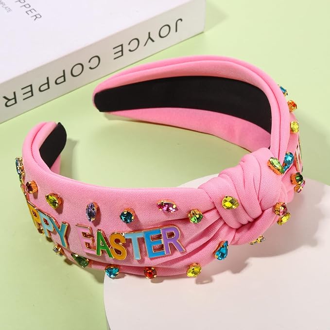 mokkia Easter Headbands Beaded Rabbit Bunny Headband for Women Pink Spring Knotted Headband Easter Hair Accessories Gifts