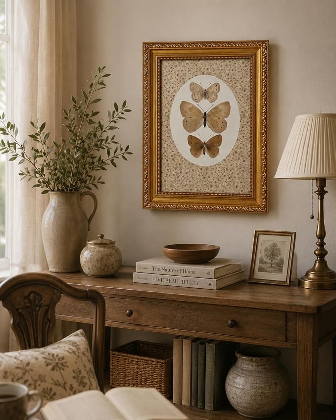 Vintage Butterfly Specimen Wall Art, Gold Framed Canvas Print | Vintage butterfly specimen wall art with gold frame, suitable for study room, office, and gallery wall decor.