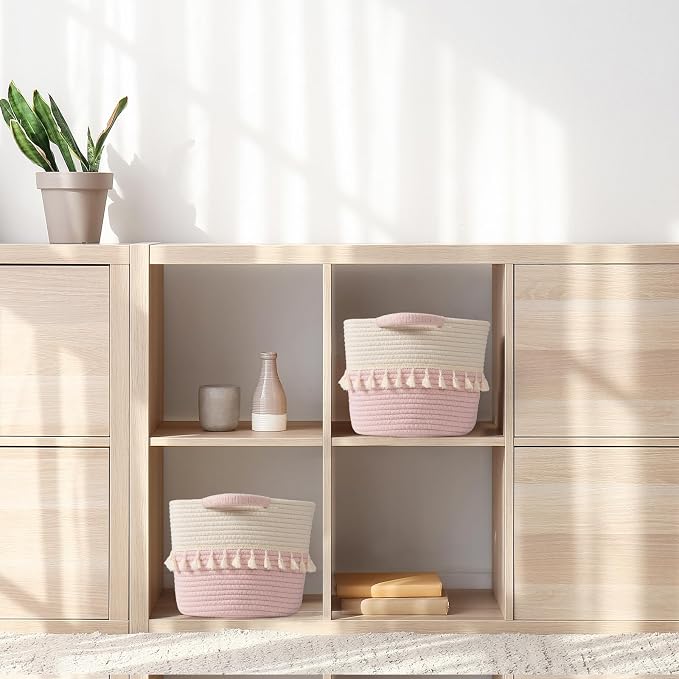 TeoKJ Storage Baskets 2 Packs, Storage Basket for toys,Towel, Storage Bins, Woven Basket for Shelves Bedroom Laundry Nursery, White & Pink