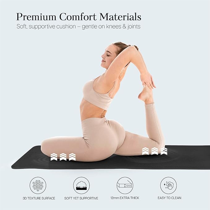 Extra Thick 12mm Exercise Mat – 74"L x 26"W Inch, Non-Slip, Joint-Friendly & Cushioned Fitness Mat for Yoga, Pilates & Floor Workouts – Durable, Supportive & Includes Feetlu Classic Strap