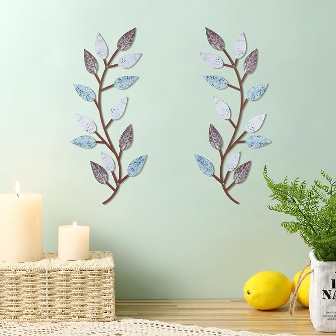 Zhengmy 2 Pcs Metal Leaf Wall Art Vine Branch Decor,Blue Brown Colors | Olive Branch Metal Decor for Living Room Hallway, Symmetrical Leaf Pair for Doorway Entryway, Lightweight Hanging Art Design