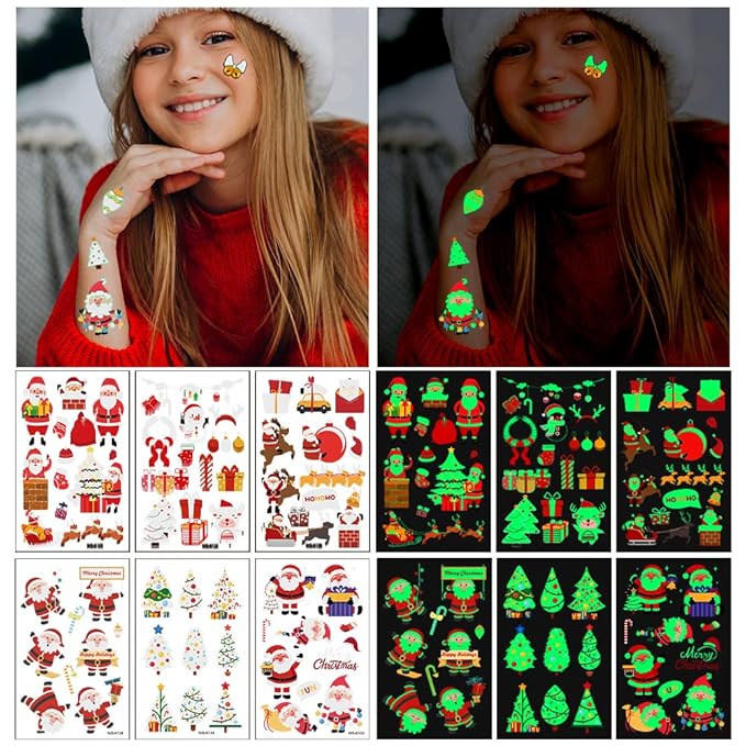 luminous Christmas Temporary Tattoos for Kids - 240 Pieces Bulk Christmas Tattoos for Boys and Girls,Xmas Holiday Stickers Christmas Party Favor for Kids Stocking Stuffers and Gifts 16 Sheets