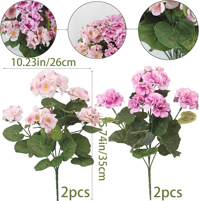 CISDUEO 4 Pcs Artificial Geranium Flowers for Outdoors Silk Flowers Outside Pink Faux Flowers Geraniums for Planter Decor Indoor Garden Patio Grave Cemetary Table Centerpiece