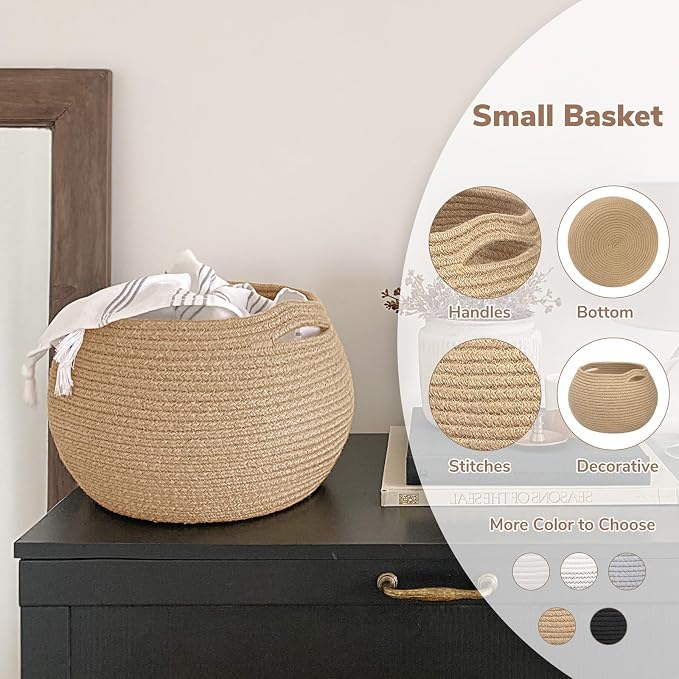 Goodpick Round Small Wicker Storage Basket for Shelves, 10" x 8.3", Jute | Woven Baby Basket with Handles，Decorative Gift Basket, Fits Living Room Nursery Toys & Towels Storage, Plant Baskets Indoor