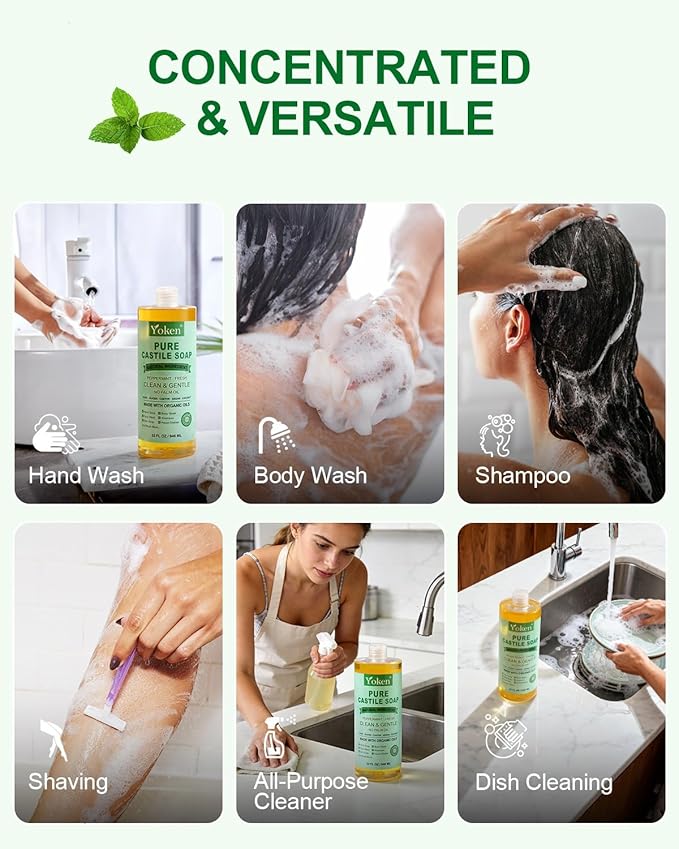 Yoken Peppermint Castile Soap Liquid (EWG Verified, 2pack 32 OZ) Made with Certified Organic Oils, Gentle Peppermint Soap for Body Wash, Face, Dishes, Laundry & More, Vegan Natural Versatile Cleanser