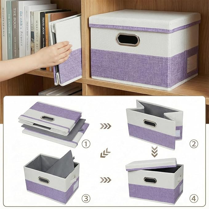 Storage Bins with Lids [3-Pack] Linen Fabric Foldable Storage Boxes Organizer Containers Baskets Cube with Cover for Bedroom Closet Office Purple&White（11.4X8.6X6.7