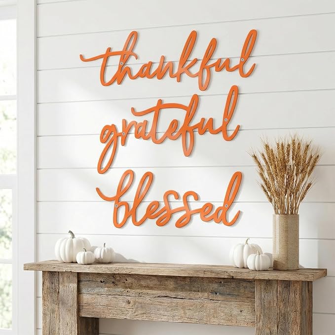 Thankful Grateful Blessed Letter Sign Metal Wall Decor, 3 Piece Black Letters Wall Art for Bathroom Bedroom Metal Words Wall Decor for Home Decor (Orange)