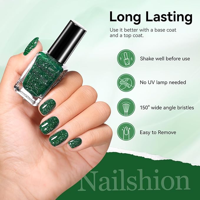 Nail Polish Glitter Green Regular Nail Polish Non-gel, Quick Air Dry, Vegan, Rich in Castor Oil, Streak-free Salon Quality Sparkle Nail Art DIY Home Travel Manicure Gift for Women Girls