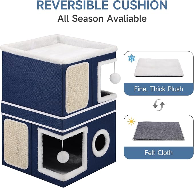 Shikha 2 Story Cat House beds for Indoor Cats with Scratch Pads Blue | 2 in 1 Dual Use Double Cat Bed Cave for Multiple Pets Kitten, Elevated Perch for a Wide View, All Season Reversible Cushion