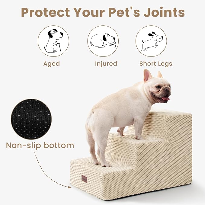 Aodisman Dog Stairs for Small Dogs,Wider 3-Step Pet Steps for Couch & Bed | High-Density Foam Dog Steps with Anti-Slip Bottom,Easy for Puppies,Older Cats & Dogs to Reach Sofas & Chairs,Beige,15.7" H
