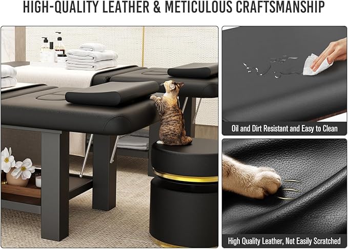 pouseayar Heavy Duty Durable Wide Stationary Massage Bed with Backrest, Professional Spa Facial Treatment Table, Metal Frame PU Leather Therapy Table(Segmented Structure)