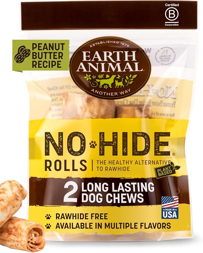 Earth Animal No Hide Dog Chews - Small Rolls 2 Count Peanut Butter | Small Rolls Peanut Butter Flavored Natural Rawhide Free Long Lasting Dog Chews - Pet Treats for Small Dogs