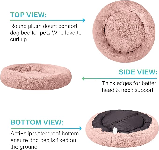 SAVFOX 54 inches Calming Donut Dog Bed - 3X Durable Plush Faux Fur, Machine Washable & Non-Slip, Fits up to 210 lbs, Removable Cover, Pink