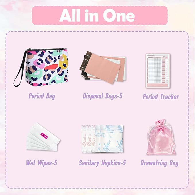 First Period Kit for Girls, Neoprene Cute Sanitary Napkin Storage Bag, Menstrual Pad Bag Tampon Holder for Purse, First Period Gifts for 9-12 (Leopard)