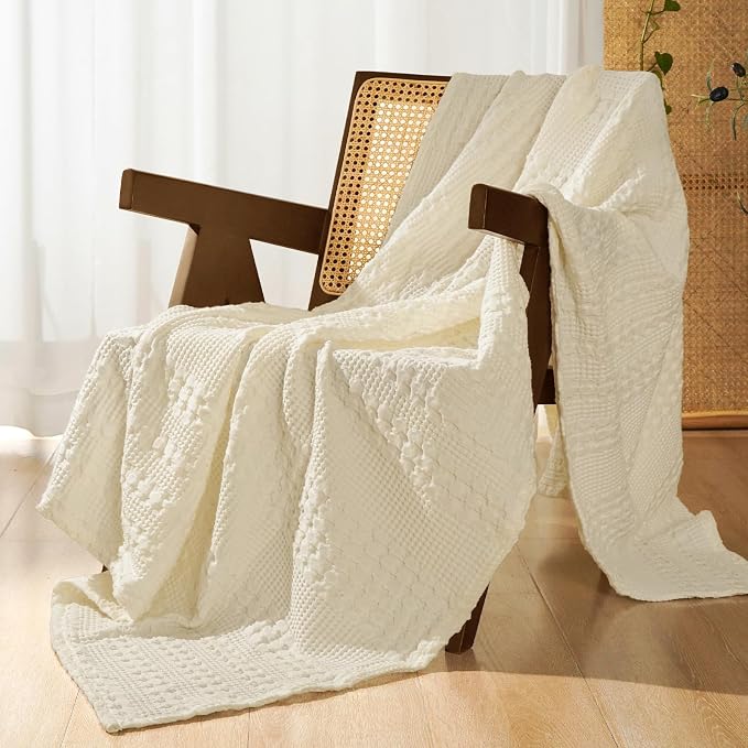 PHF 100% Cotton Waffle Weave Throw Blanket, Lightweight Breathable Summer Blanket for Couch Sofa, Pre-Washed Soft Throws for Bed, Office, Travel & Stylish Home Decor, 50"x60", Cannoli Cream