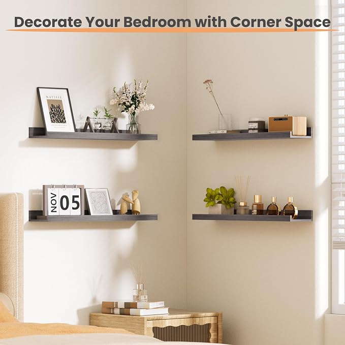 upsimples Floating Shelves for Wall Decor and Storage, Grey, 6Pcs 23.6'' | Wall Mounted Wood Shelves for Living Room, Bedroom, Bathroom, Kitchen, Office, Nursery Room, Coffee Bar Display and Organize