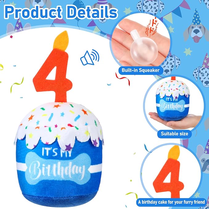 Dansydaisy Dog Birthday Cake Toy Squeaky Plush Gift,4th,Blue