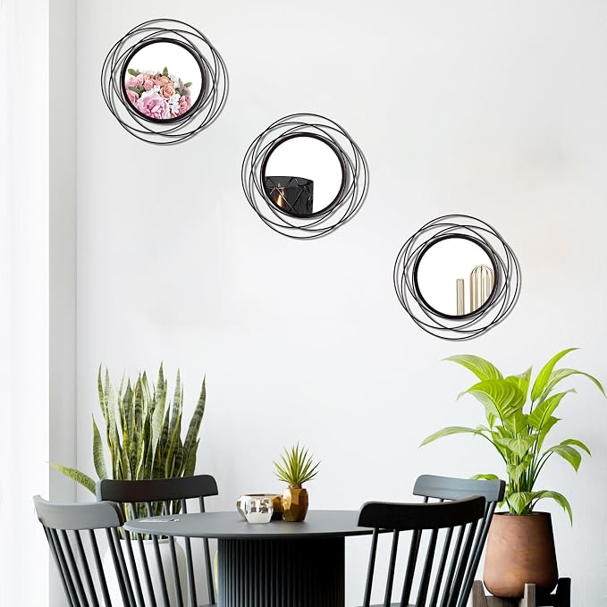 3 Set Round Mirrors for Wall Decor Living Room Bedroom Bathroom Dining Room Metal Circle Mirror Set Boho Decorative Sunburst Wall Art Accent Entryway - Black 9.5 in