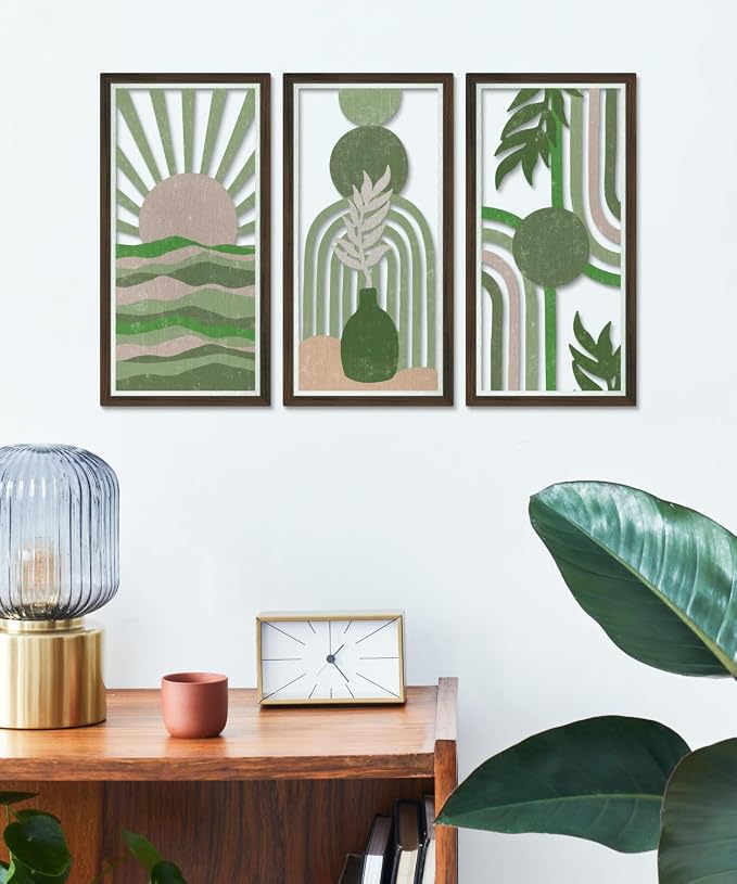 Putuo Decor Abstract Boho Wall Art Set of 3, Modern Geometric Design with Green, Pink, and Beige Tones for Living Room Bedroom Office, Minimalist Wooden Panel Decor