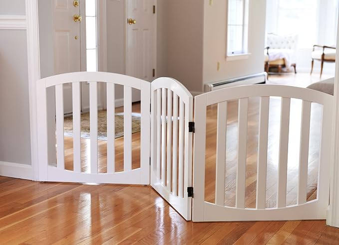 Arf pets Free Standing Wood Dog Gate, Step Over Pet Fence, 3 Panel 360° configurable,24" Tall, Foldable, Adjustable - White