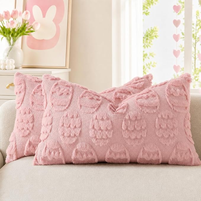 decorUhome Pink Faux Fur Egg Throw Pillow Covers 12x20 Set of 2 | Plush Soft Wool Jacquard Pink Cushion Covers, Modern Farmhouse Neutral Easter Holiday Decor Pillow Covers for Couch Sofa Bed