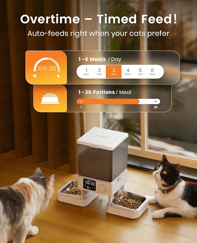 oneisall Automatic Cat Feeder for 2 Cats Pets, Timed Cat Food Dispenser | 20 Cups/5L, Prevent Fighting, Precise Portion, Balanced Dispense, Non-Slip & Stable, Voice Recorder, Stainless Steel Bowls