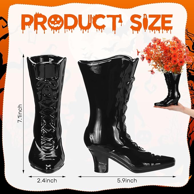 1 Pairs Halloween Flower Vase 7.1 Inch Witch Boot Vase Black Ceramic Gothic Planter Halloween Table Centerpieces for Indoor Outdoor Home Office Decor